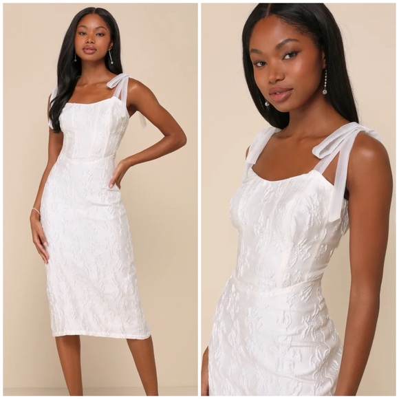 Lulus Dresses & Skirts - Lulu's Gorgeous Persona White Satin Jacquard Tie Strap Midi Dress